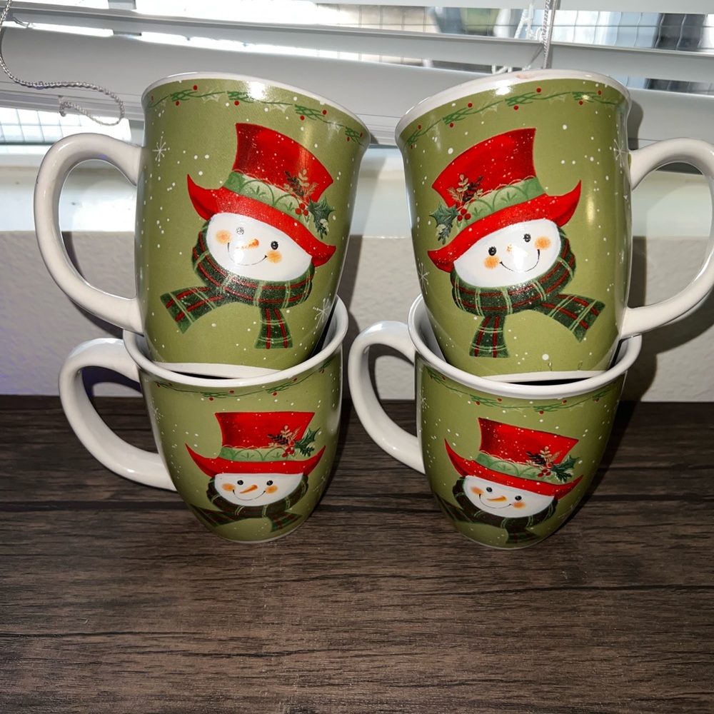 Vtg‎ Studio 33 Green Snowman w/Hat & Scarf Christmas Set of 4 Mugs